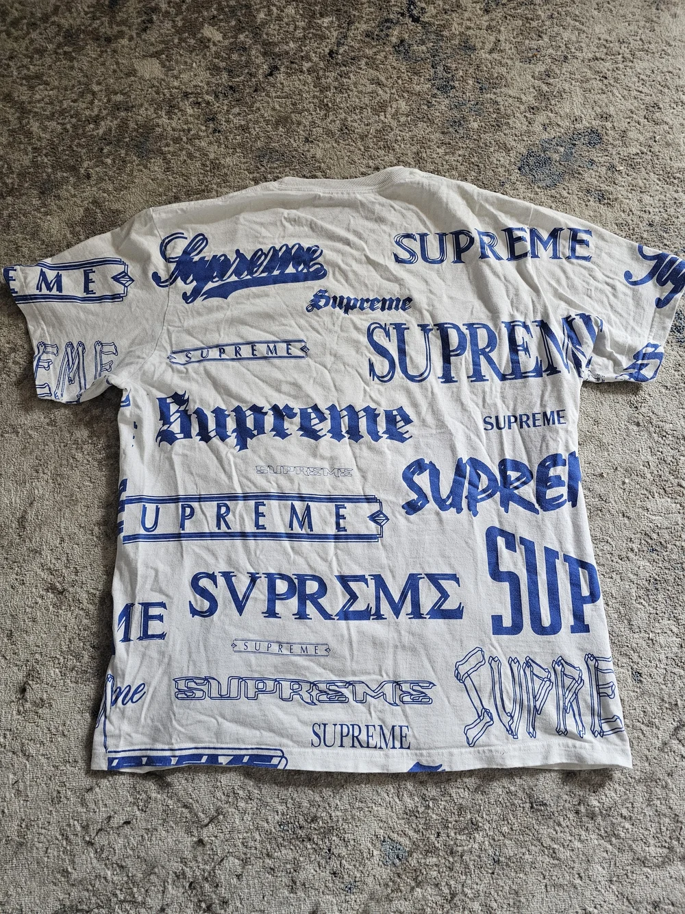 Supreme White T-Shirt with Blue All-Over Logos Mens Size Large - Picture 2 of 5
